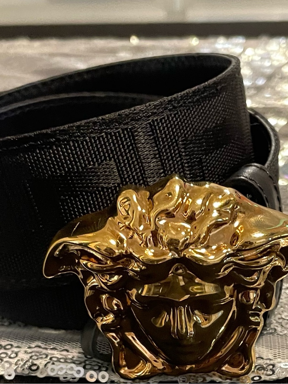 Versace Black Belt with Gold Medusa Head Buckle